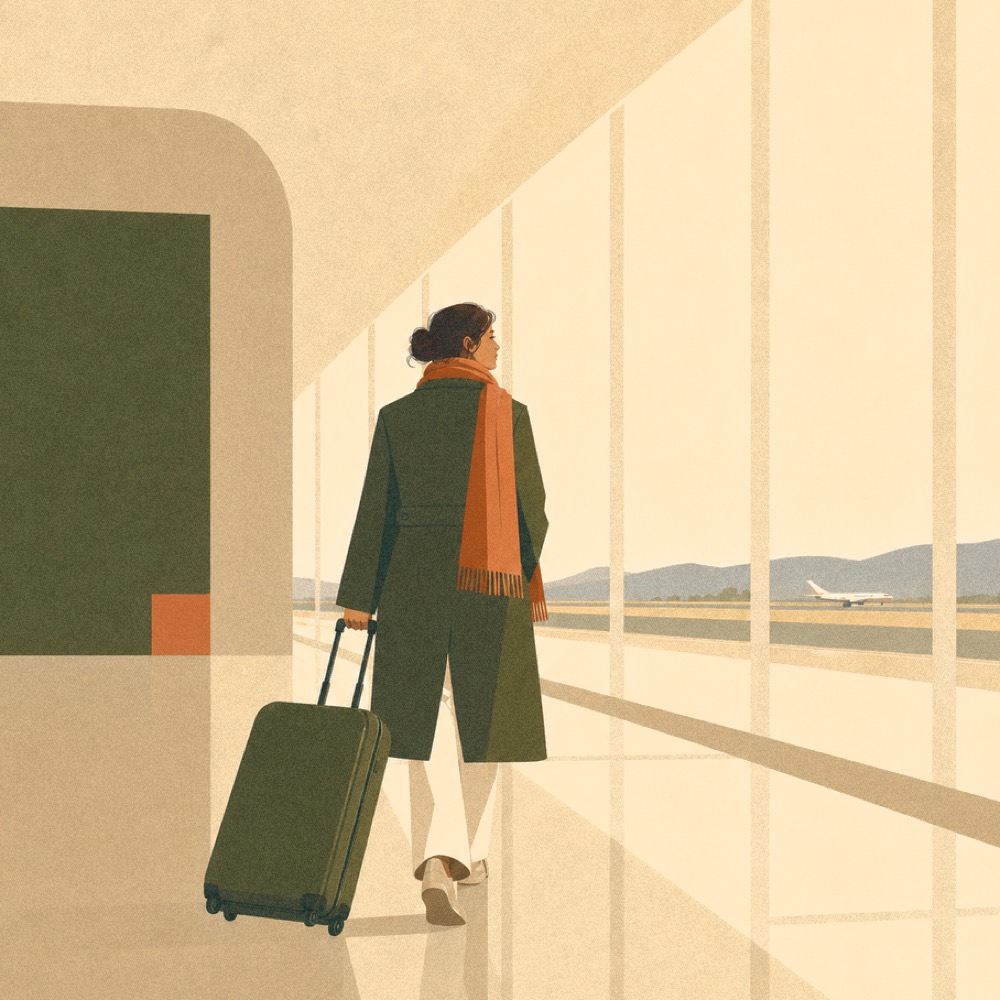 A traveler with a suitcase walking through a softly lit airport corridor, viewed from behind.