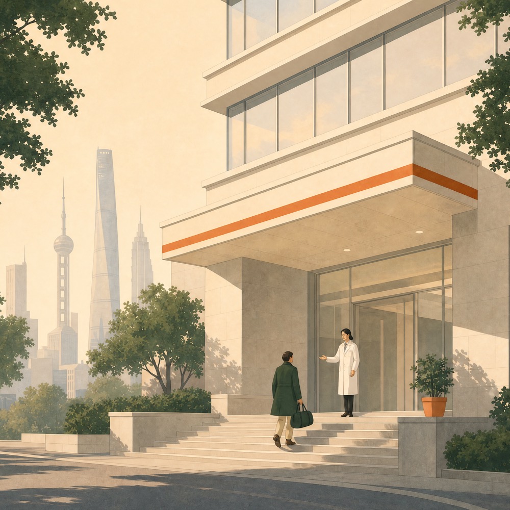 A patient arriving at a Shanghai hospital, being welcomed by a doctor at the entrance.