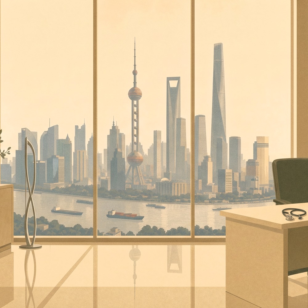 A quiet consultation room high above Shanghai, with the Pudong skyline visible through the window.